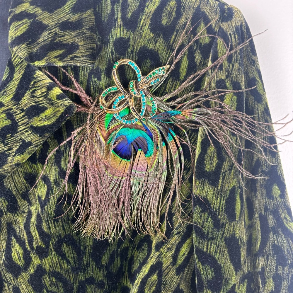 Anthro-Anthracite Leopard print green velvet blazer w/peacock pin-Woman’s 10-EUC - Picture 13 of 14